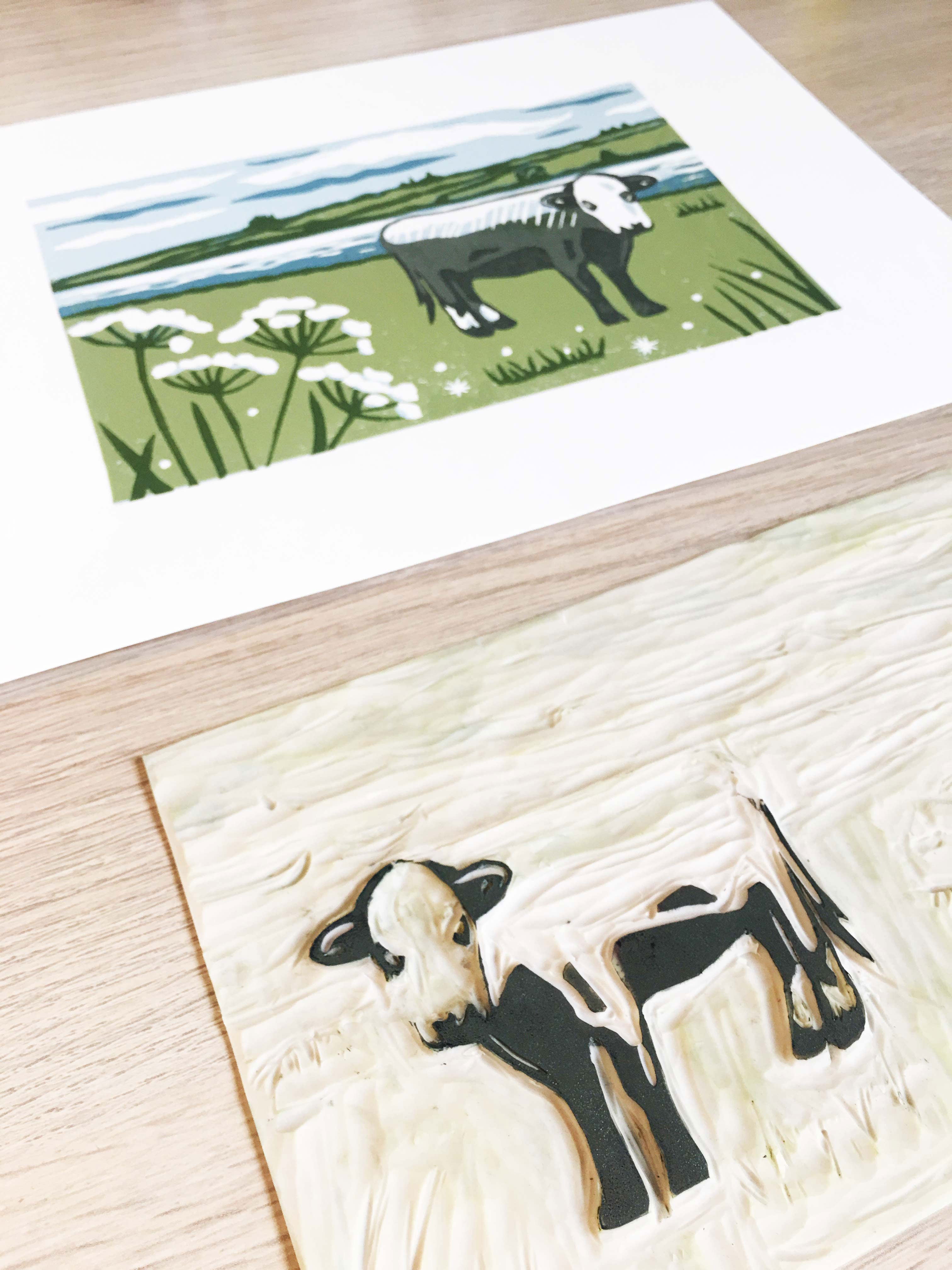 Original Moody Cow Reduction Linocut Print