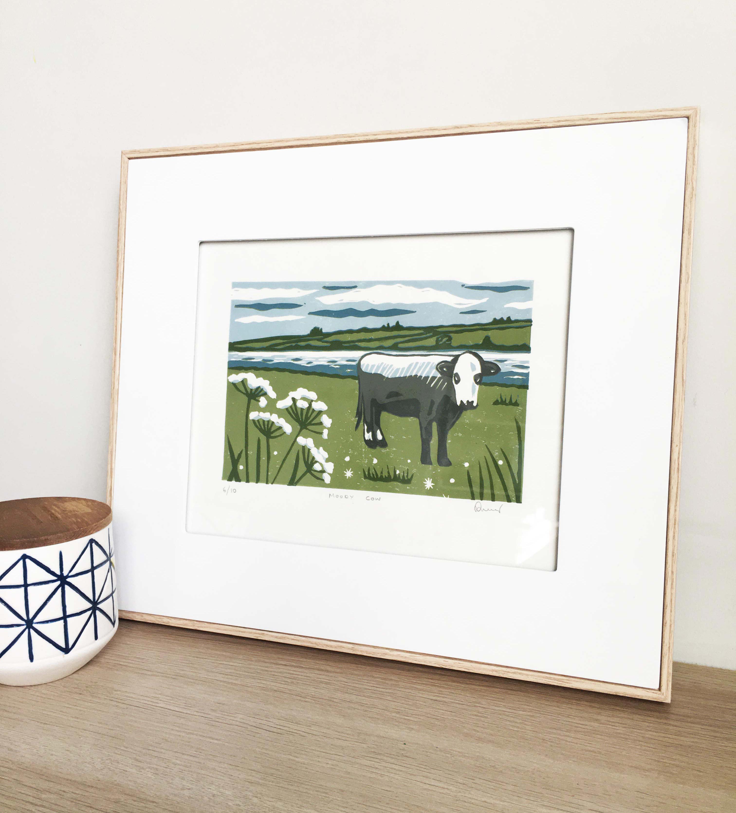 Original Moody Cow Reduction Linocut Print