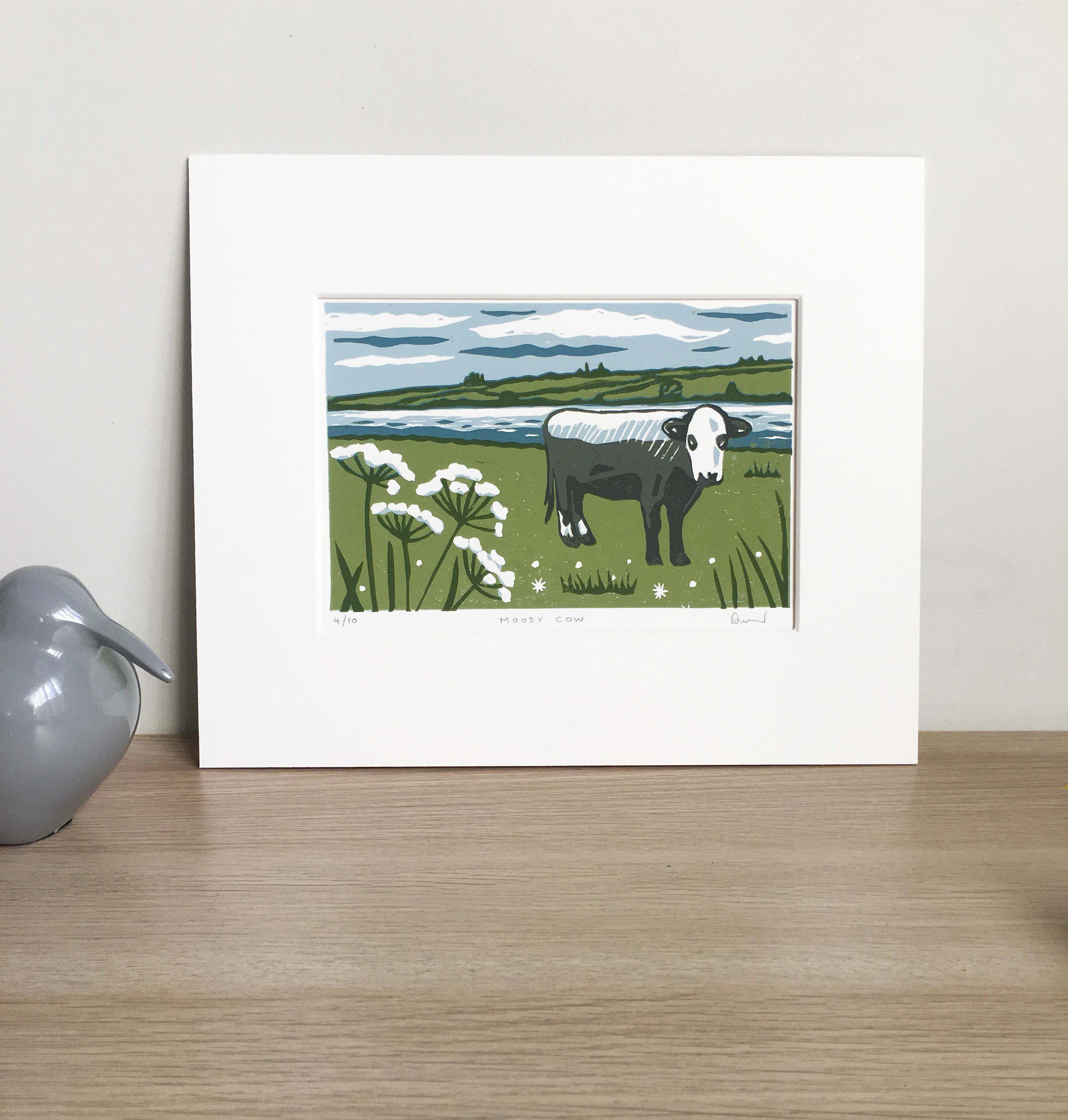 Original Moody Cow Reduction Linocut Print